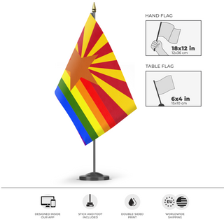 A mockup of the custom flag 'Arizona Pride Flag' as a desk flag and small hand waving flag