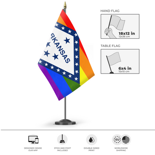 A mockup of the custom flag 'Arkansas Pride Flag' as a desk flag and small hand waving flag