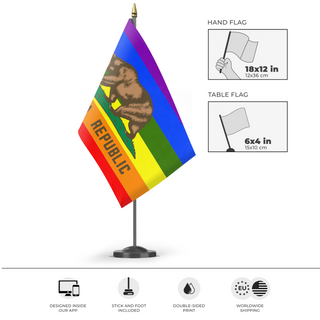 A mockup of the custom flag 'California Pride Flag' as a desk flag and small hand waving flag