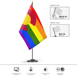 A mockup of the custom flag 'Colorado Pride Flag' as a desk flag and small hand waving flag