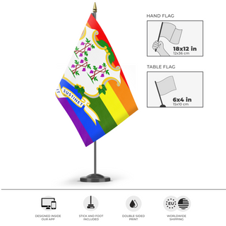 A mockup of the custom flag 'Connecticut Pride Flag' as a desk flag and small hand waving flag