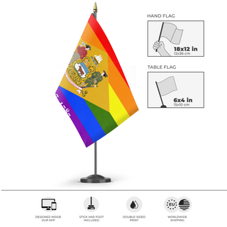 A mockup of the custom flag 'Delaware Pride Flag' as a desk flag and small hand waving flag