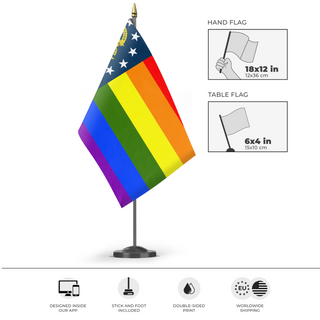 A mockup of the custom flag 'Georgia Pride Flag' as a desk flag and small hand waving flag
