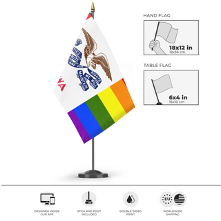 A mockup of the custom flag 'Iowa Pride Flag' as a desk flag and small hand waving flag