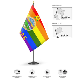 A mockup of the custom flag 'Kansas Pride Flag' as a desk flag and small hand waving flag