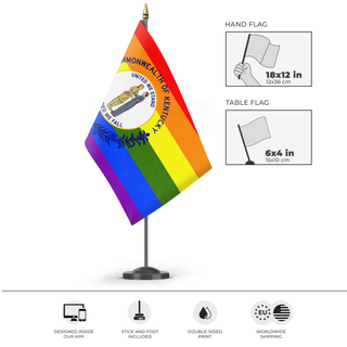 A mockup of the custom flag 'Kentucky Pride Flag' as a desk flag and small hand waving flag