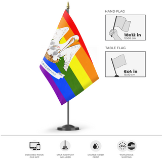 A mockup of the custom flag 'Louisiana Pride Flag' as a desk flag and small hand waving flag