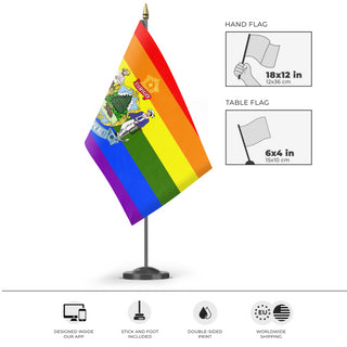 A mockup of the custom flag 'Maine Pride Flag' as a desk flag and small hand waving flag