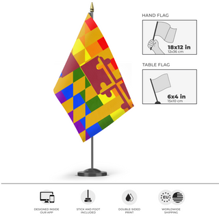 A mockup of the custom flag 'Maryland Pride Flag' as a desk flag and small hand waving flag
