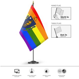 A mockup of the custom flag 'Massachusetts Pride Flag' as a desk flag and small hand waving flag
