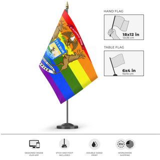 A mockup of the custom flag 'Michigan Pride Flag' as a desk flag and small hand waving flag