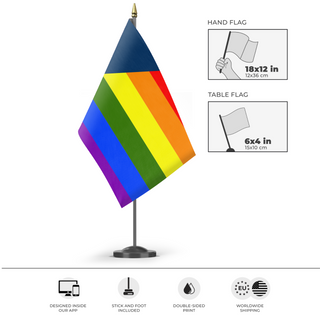 A mockup of the custom flag 'Minnesota Pride Flag' as a desk flag and small hand waving flag