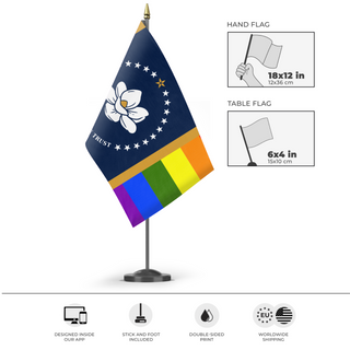 A mockup of the custom flag 'Mississippi Pride Flag' as a desk flag and small hand waving flag