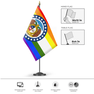 A mockup of the custom flag 'Missouri Pride Flag' as a desk flag and small hand waving flag