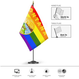 A mockup of the custom flag 'Montana Pride Flag' as a desk flag and small hand waving flag