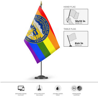 A mockup of the custom flag 'Nebraska Pride Flag' as a desk flag and small hand waving flag