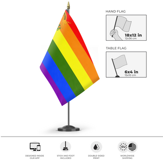 A mockup of the custom flag 'Nevada Pride Flag' as a desk flag and small hand waving flag