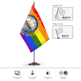 A mockup of the custom flag 'New Hampshire Pride Flag' as a desk flag and small hand waving flag
