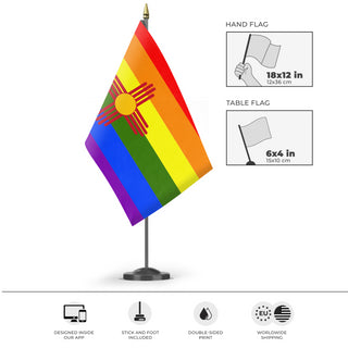 A mockup of the custom flag 'New Mexico Pride Flag' as a desk flag and small hand waving flag