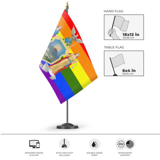 A mockup of the custom flag 'New York Pride Flag' as a desk flag and small hand waving flag