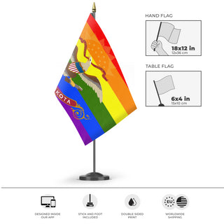 A mockup of the custom flag 'North Dakota Pride Flag' as a desk flag and small hand waving flag