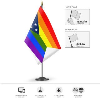 A mockup of the custom flag 'Ohio Pride Flag' as a desk flag and small hand waving flag