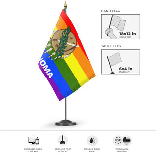 A mockup of the custom flag 'Oklahoma Pride Flag' as a desk flag and small hand waving flag