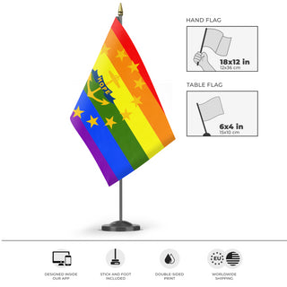 A mockup of the custom flag 'Rhode Island Pride Flag' as a desk flag and small hand waving flag