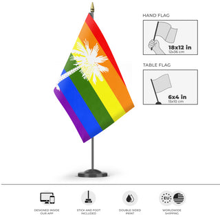 A mockup of the custom flag 'South Carolina Pride Flag' as a desk flag and small hand waving flag