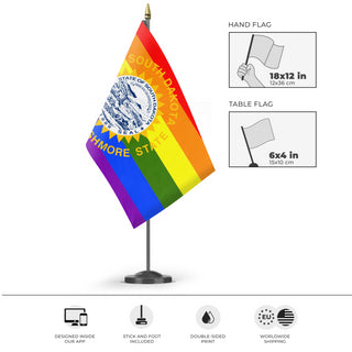 A mockup of the custom flag 'South Dakota Pride Flag' as a desk flag and small hand waving flag