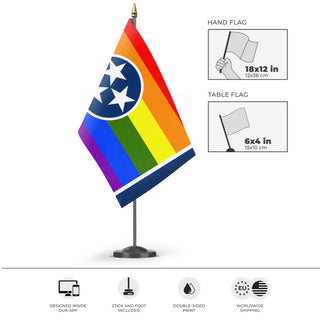 A mockup of the custom flag 'Tennessee Pride Flag' as a desk flag and small hand waving flag