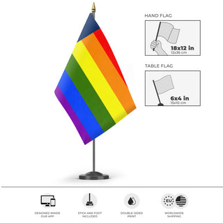A mockup of the custom flag 'Texas Pride Flag' as a desk flag and small hand waving flag