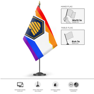 A mockup of the custom flag 'Utah Pride Flag' as a desk flag and small hand waving flag