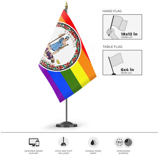 A mockup of the custom flag 'Virginia Pride Flag' as a desk flag and small hand waving flag