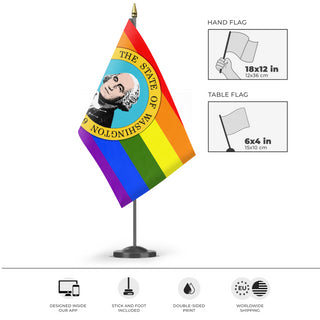 A mockup of the custom flag 'Washington Pride Flag' as a desk flag and small hand waving flag