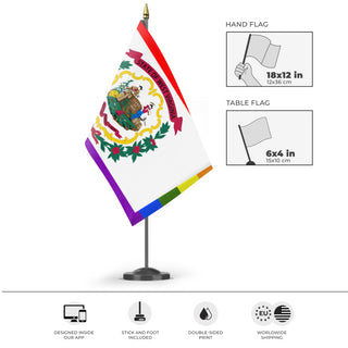 A mockup of the custom flag 'West Virginia Pride Flag' as a desk flag and small hand waving flag