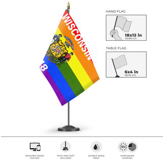 A mockup of the custom flag 'Wisconsin Pride Flag' as a desk flag and small hand waving flag