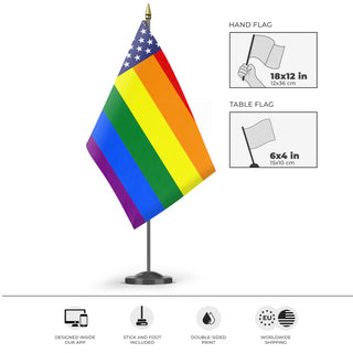 A mockup of the custom flag 'United States Pride Flag' as a desk flag and small hand waving flag