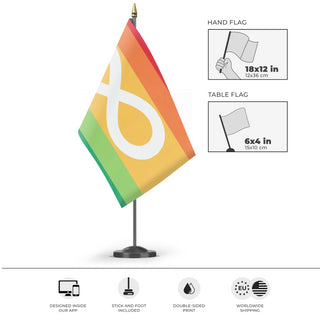 A mockup of the custom flag 'Autism Pride Flag' as a desk flag and small hand waving flag