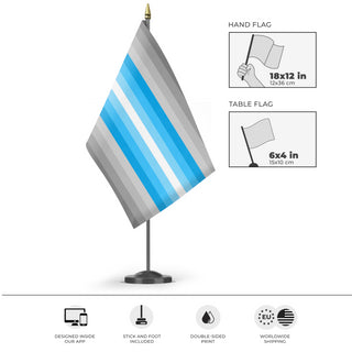 A mockup of the custom flag 'Social Anxiety Pride Flag' as a desk flag and small hand waving flag