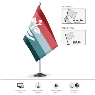 A mockup of the custom flag 'PTSD Pride Flag' as a desk flag and small hand waving flag