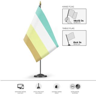 A mockup of the custom flag 'OCD Pride Flag' as a desk flag and small hand waving flag