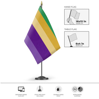 A mockup of the custom flag 'Bipolar I Pride Flag' as a desk flag and small hand waving flag