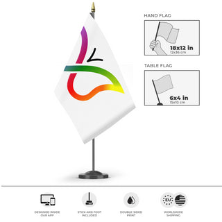 A mockup of the custom flag 'ADHD Pride Flag' as a desk flag and small hand waving flag