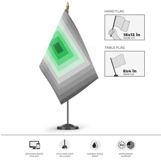 A mockup of the custom flag 'Schizophrenia Pride Flag' as a desk flag and small hand waving flag