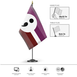 A mockup of the custom flag 'Dysthymia Pride Flag' as a desk flag and small hand waving flag