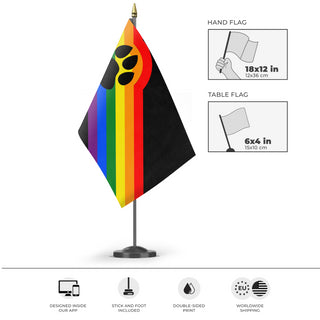 A mockup of the custom flag 'Furry Pride Flag' as a desk flag and small hand waving flag