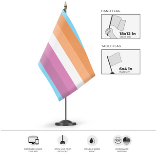 A mockup of the custom flag 'trans lesbian flag' as a desk flag and small hand waving flag