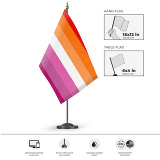 A mockup of the custom flag 'lesbian flag orange flag' as a desk flag and small hand waving flag