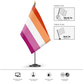 A mockup of the custom flag 'lesbian flag aesthetic flag' as a desk flag and small hand waving flag